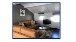 salon z kanapą i telewizorem w obiekcie vakantiehuis 48 w mieście Wenduine
