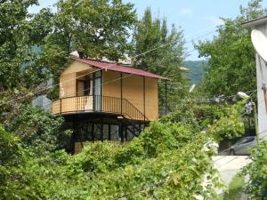 a house with a balcony in the middle of trees at Cottage house in K'eda