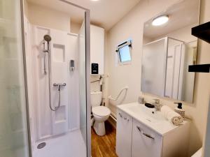 uma casa de banho com um chuveiro, um WC e um lavatório. em Superbe T2 lumineux avec fibre em Angoulême