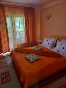 1 Schlafzimmer mit 2 Betten mit orangefarbener Bettwäsche und einem Fenster in der Unterkunft Pensiunea Mario in Moieciu de Sus