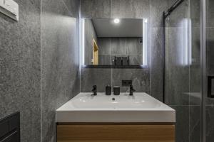 a bathroom with a white sink and a mirror at Svencelės burė 10 in Svencelė