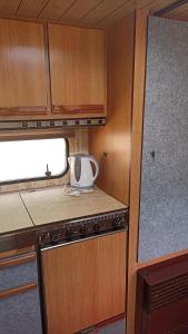 a kitchen with wooden cabinets and a counter top at Karavan 1 v areálu Koupaliště Bystré v Orlických horách in Bystré