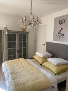 two beds in a bedroom with a chandelier at Petit cocon douillet avec terrasse in La Rochelle