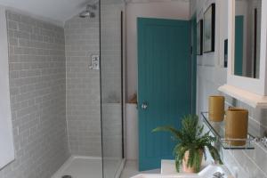 a bathroom with a green door in a shower at Crina Bottom - Offgrid Mountain Escape in the Yorkshire Dales National Park in Ingleton