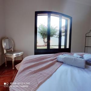 1 dormitorio con cama y ventana en Casa Além Rio - quartos para 6 hóspedes em Santo Tirso en Santo Tirso