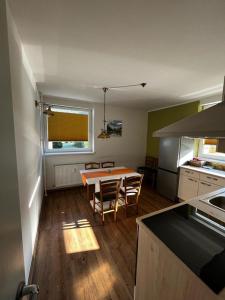 克拉尼斯卡戈拉APARTMA CARPE DIEM的厨房以及带桌子的用餐室。