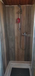 a bathroom with a shower with a shower at Chalet en bois "Le Libellule" in Sigean