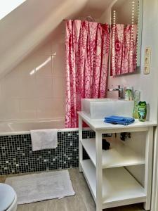 a bathroom with a sink and a shower curtain at Studio München nahe Olympiapark in Munich