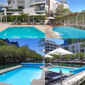 un collage de tres fotos de una piscina con sombrilla en Parama 003 Secure, Luxurious Waterfront Apartment en Ciudad del Cabo