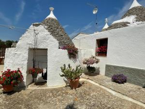 a white house with flowers in pots in front of it at Trulli Demetra in Martina Franca