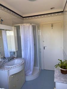 ein Badezimmer mit einem Waschbecken, einer Badewanne und einer Dusche in der Unterkunft Claire fontaine in Beaumont-du-Périgord