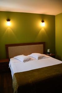 a bedroom with a large bed with green walls at Pensiunea Clasic Hunedoara in Peştişu Mare