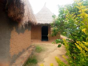 a house with a thatched roof and a doorway at Mbunga Community Tourism Campsite in Kasese