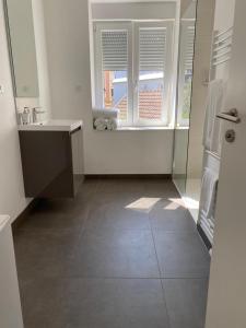 a white bathroom with a sink and a window at Les Appartements de la Gare in Colmar