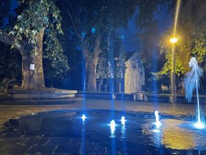 a fountain with lights in a park at night at Motel Platani Kotor Varoš in Kotorište