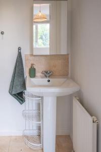 a bathroom with a white sink and a mirror at Forest Work & Relax Accommodation in Overstone