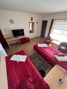 a hotel room with two beds and a television at Motel Select in Satu Mare
