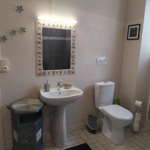 uma casa de banho com um lavatório, um WC e um espelho. em Au doux refuge em Saint-Exupéry-les-Roches