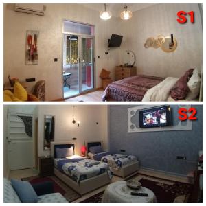 two pictures of a room with two beds and a tv at Ryan S1et Ryan S2 in Fès