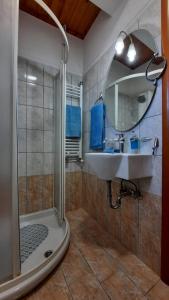 a bathroom with a shower and a sink and a mirror at Ioannis - Zimmer mit Zugang zu Terrasse in Gavrolímni