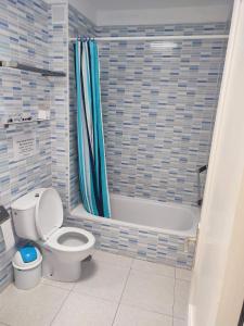 a bathroom with a toilet and a blue shower curtain at Irene Apartment in Puerto del Carmen