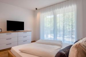 Schlafzimmer mit einem Bett, einem TV und einem Fenster in der Unterkunft Luisl Hof - Apartment Vitis in Girlan