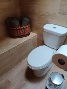 een badkamer met een wit toilet en een mand bij Buscando el Norte in Cabrillanes