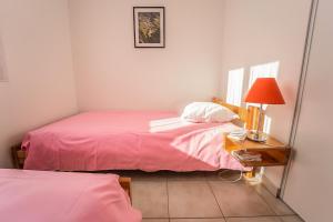a bedroom with a pink bed and a table with a lamp at Les Chalets de la Vallée du Bés in Saint-Juéry
