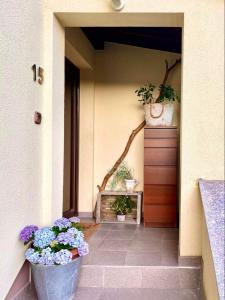 un corridoio con due piante in vaso sul lato di un edificio di Kamra15 a Mežica