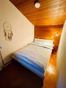 uma pequena cama num quarto com tecto em madeira em Kamra15 em Mežica