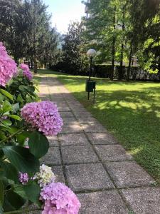 przejście z fioletowymi kwiatami i światłem w parku w obiekcie Enchanting Lake-Appartamento incantevole a due passi dal lago w mieście Lecco