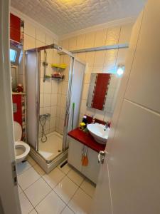 W łazience znajduje się prysznic, umywalka i toaleta. w obiekcie VİLLA ERNİS - DATÇA RAYKENT TATİL SİTESİ - KİRALIK w mieście Datça