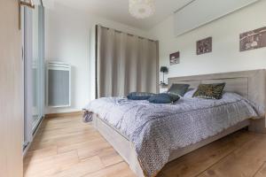 a bedroom with a large bed with blue pillows at Le Patou in Saint-Lary-Soulan