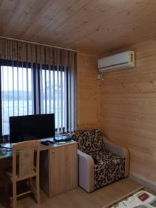 Habitación con sofá y escritorio con TV. en Бунгало парк Summer Life en Tyulenovo