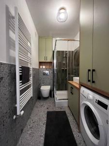 ヴロツワフにあるDmowskiego 13 Tectum Apartmentsのバスルーム(洗濯機、シャワー付)