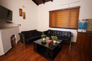 - un salon avec un canapé et une table dans l'établissement Himalayanblues cottages&stays, à Mukteswar