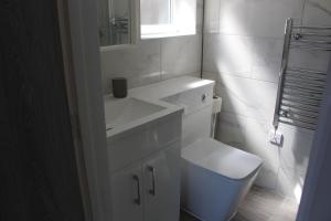 a white bathroom with a toilet and a sink at Lovely Central Luton Studio - Ideal for Airport! in Luton
