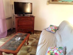 a living room with a couch and a table and a tv at Beau F4 petreto-Bicchisano in Petreto-Bicchisano