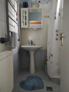 a small bathroom with a sink and a shower at Countryside Cottage with Garden & Lake View in Peraía