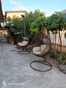 two hanging chairs sitting in a yard with at Apartament GEAVIDAN in Eforie Sud