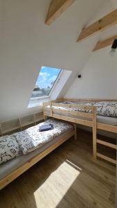 two bunk beds in a room with a window at Naturhof Buschwiesen - Wohnung Lama in Wilsum