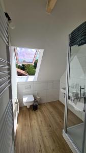 a bathroom with a toilet and a sink and a window at Naturhof Buschwiesen - Wohnung Lama in Wilsum