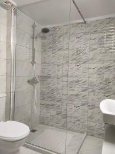 a bathroom with a shower with a toilet and a sink at CA Comfort Living in Kalamata +19 photos