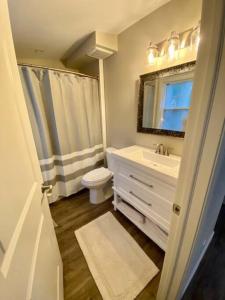 a bathroom with a sink and a toilet and a mirror at Sauble Shores Waterfront Hideaway in Sauble Beach