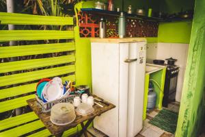 a small kitchen with green walls and a small refrigerator at Hospedagem Ocean view ilha g in Abraão +33 photos