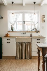 eine Küche mit einem Waschbecken und einem Fenster in der Unterkunft Logement Cornelia - Tholen, Zeeland in Tholen