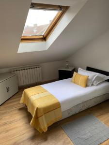 a bedroom with a large bed with a skylight at Apartment Ajna in Sarajevo