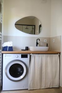 a bathroom with a washing machine and a sink at L'Embellie, maisonnette tout confort en pleine nature in Suze