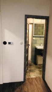 een badkamer met een witte deur en een wastafel bij Apartman u lesa in Horšovský Týn
