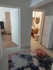 una habitación con una puerta blanca y una alfombra en Ela's apartment, en Băile Herculane